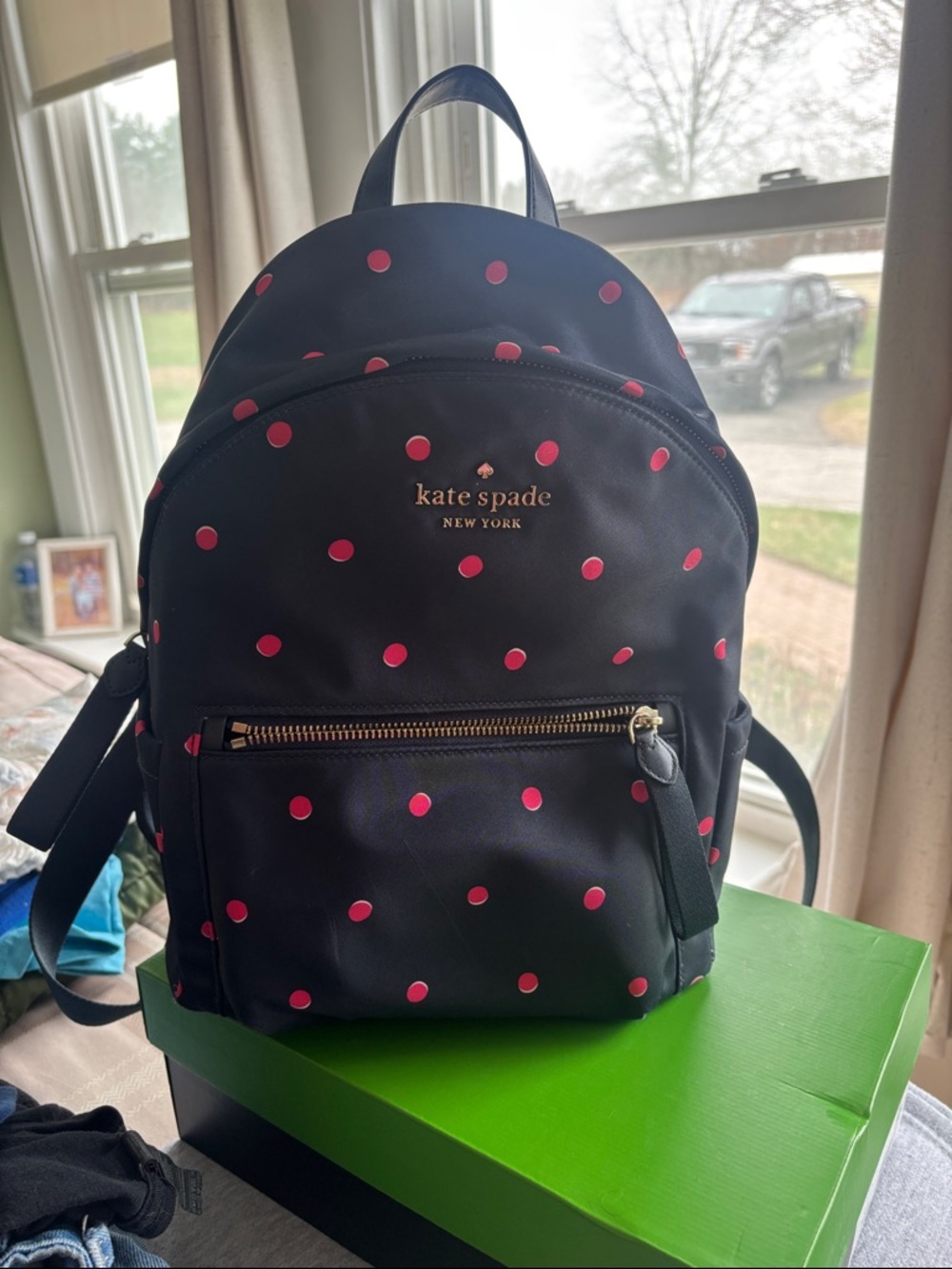 kate spade navy blue Backpack with Pink Polka Dots